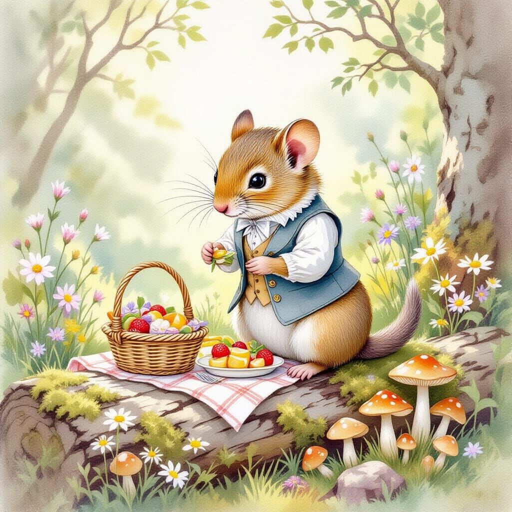 Dormouse in Waistcoat Prepares Picnic on Mossy Log