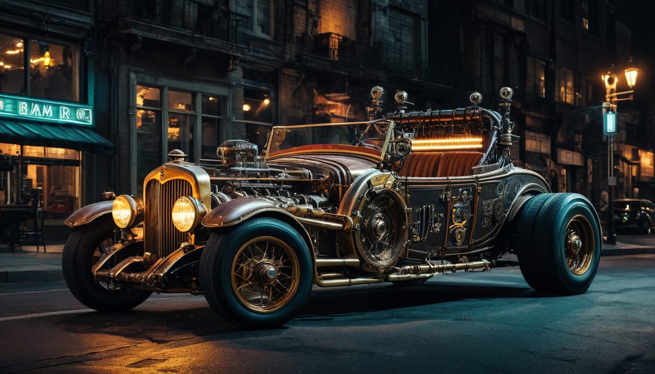 Steampunk Brass Hot Rod Convertible Under City Streetlights