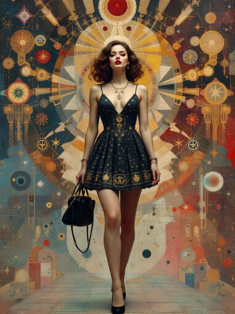 Cosmic Pin-Up Woman in Radiant Geometric City