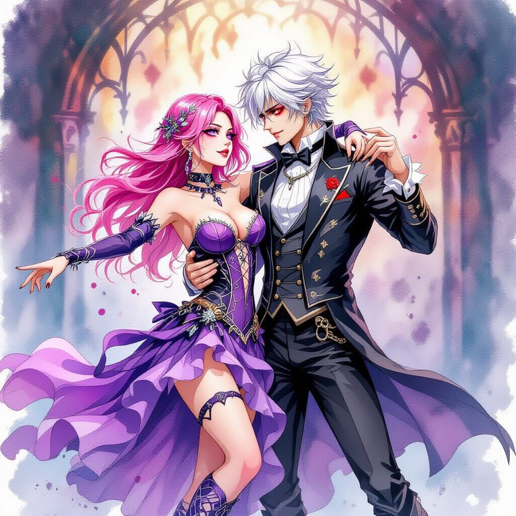 Gothic Dance of Pink and White Haired Figures