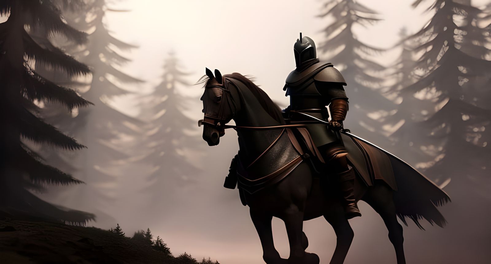 Armored Knight on Horseback in Dark Forest