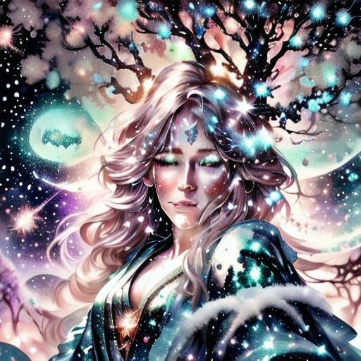 Cosmic Stardust Snow Leopard on Celestial Tree Branch