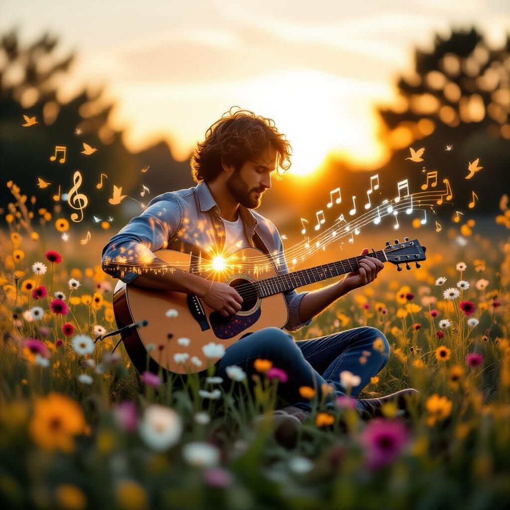 Man Playing Guitar in Flower Field at Sunset