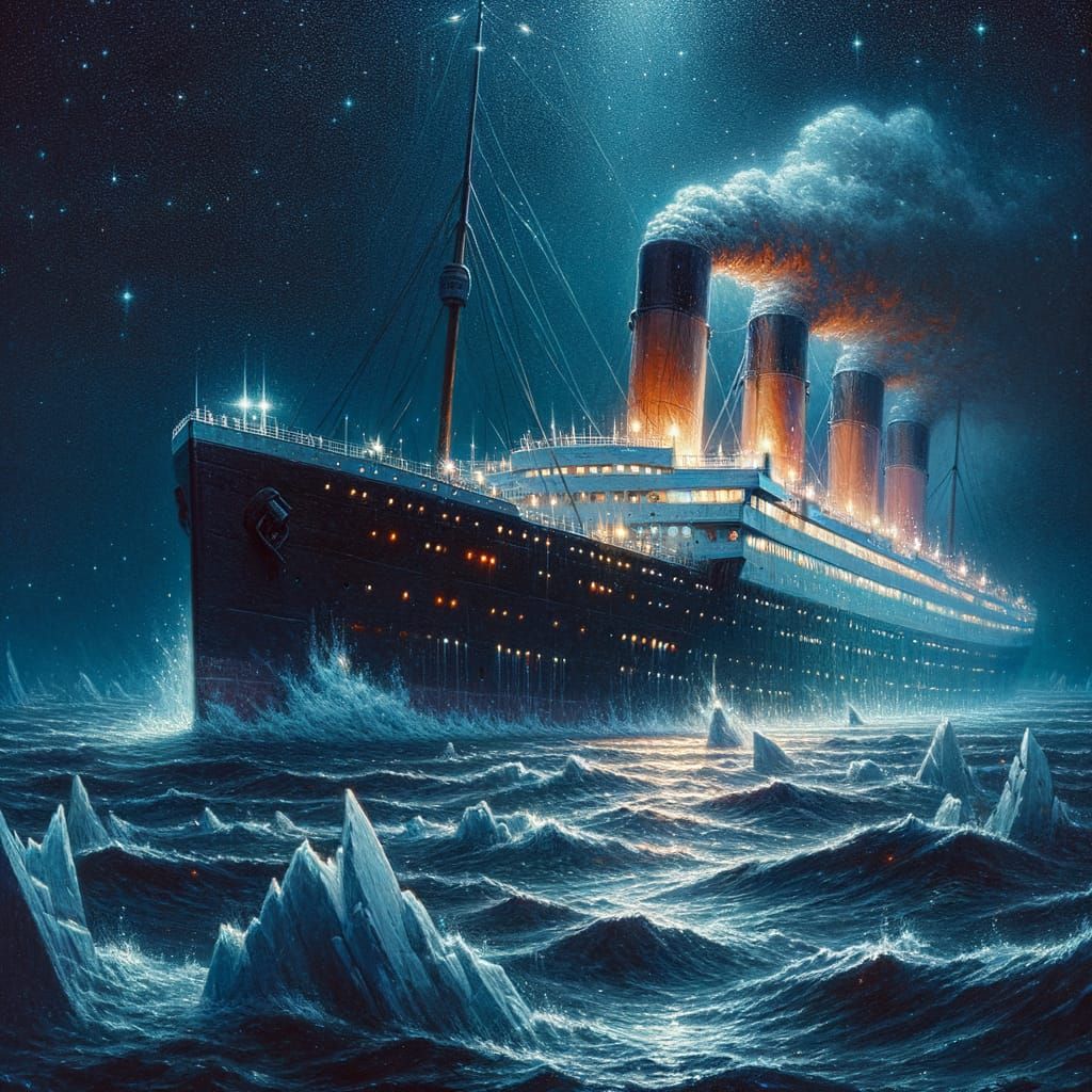 Ship Sinks into Dark Ocean in a Gritty Oil Painting Style