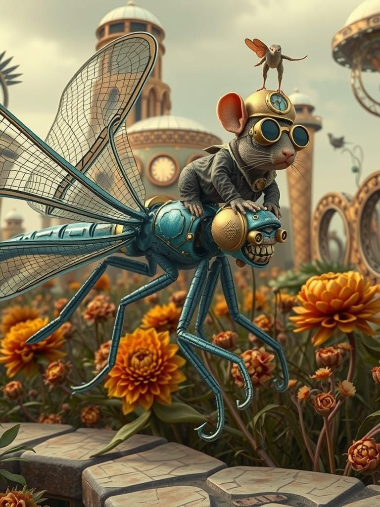 A dragonfly with a dragon's head, wearing a intricately brass-crafted steampunk top hat and goggles, flies through a whi...
