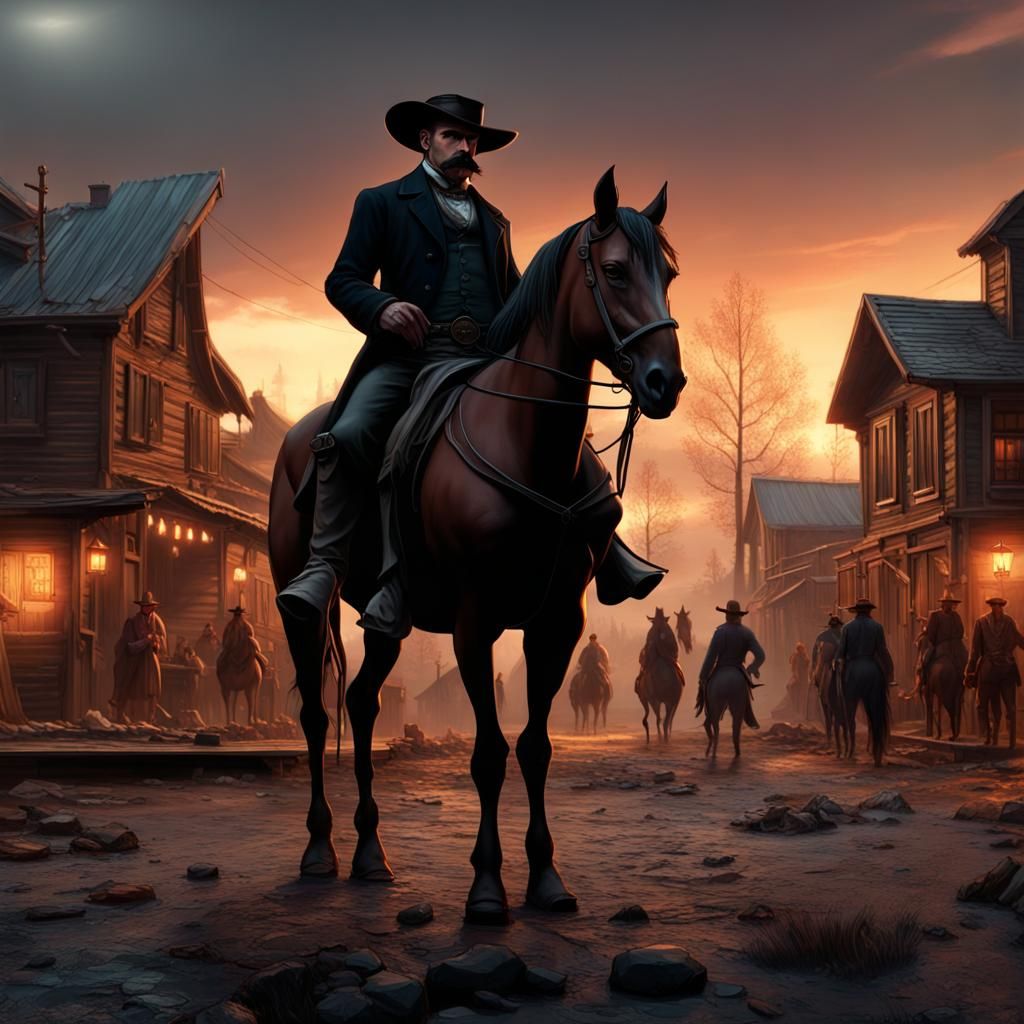 Heroic Cowboy in Frontier Town: Dark Fantasy Art