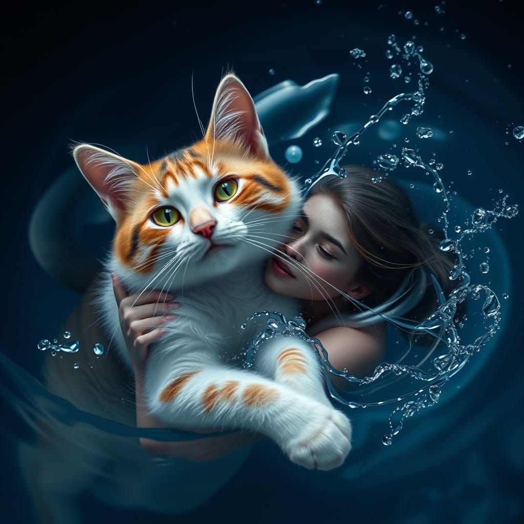 Surreal Feline Romance Unfolds in Splashing Waves