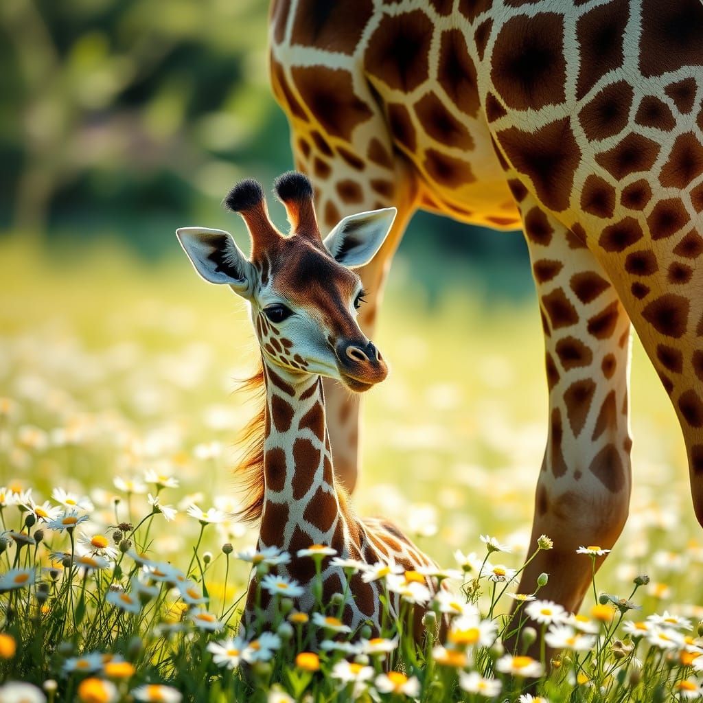 Giraffe Family Affection in Daisy Field Art