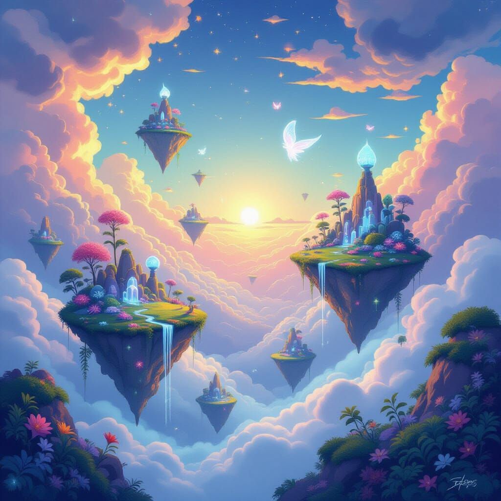 Dreamlike Floating Islands with Ethereal Creatures