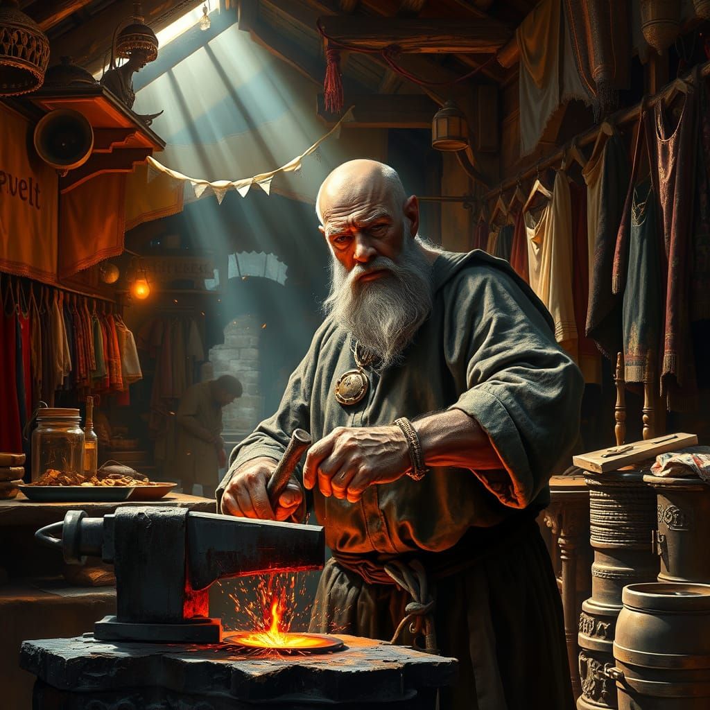 Medieval Blacksmith Forging Metal in Bustling Marketplace