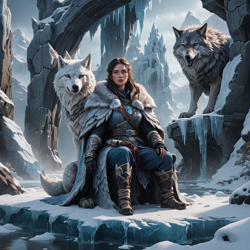 Winged Girl on Ice Wolf in Winter Landscape