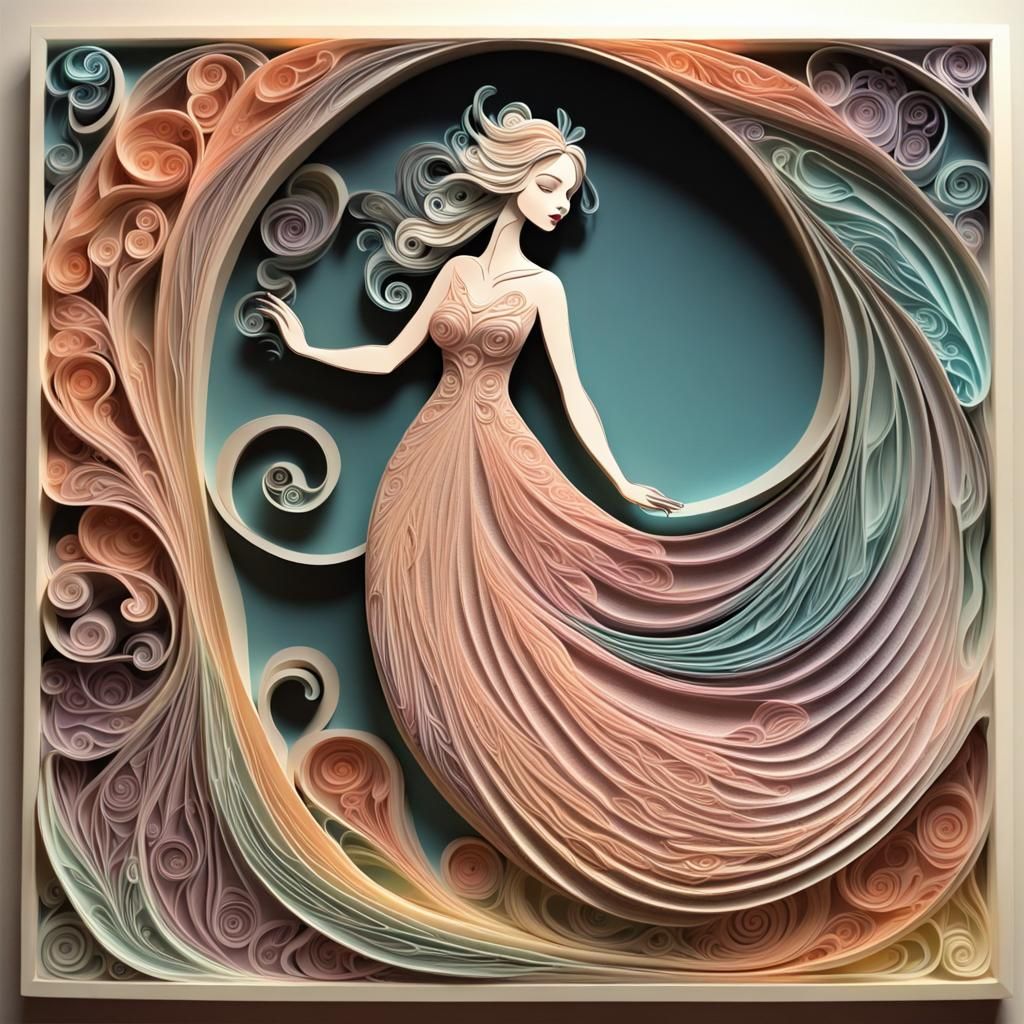 Enchanting Fairy in Flowing Dress: Linocut Style