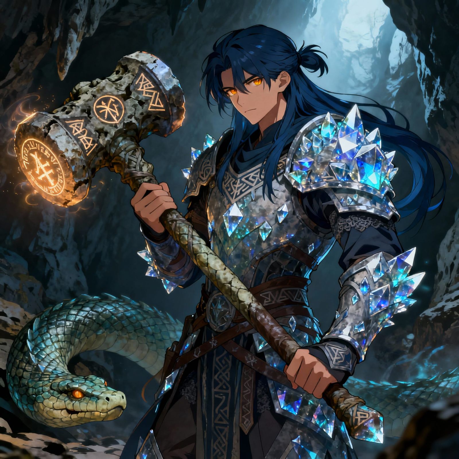 Enigmatic Warrior with Crystal Armor and Serpent Warhammer