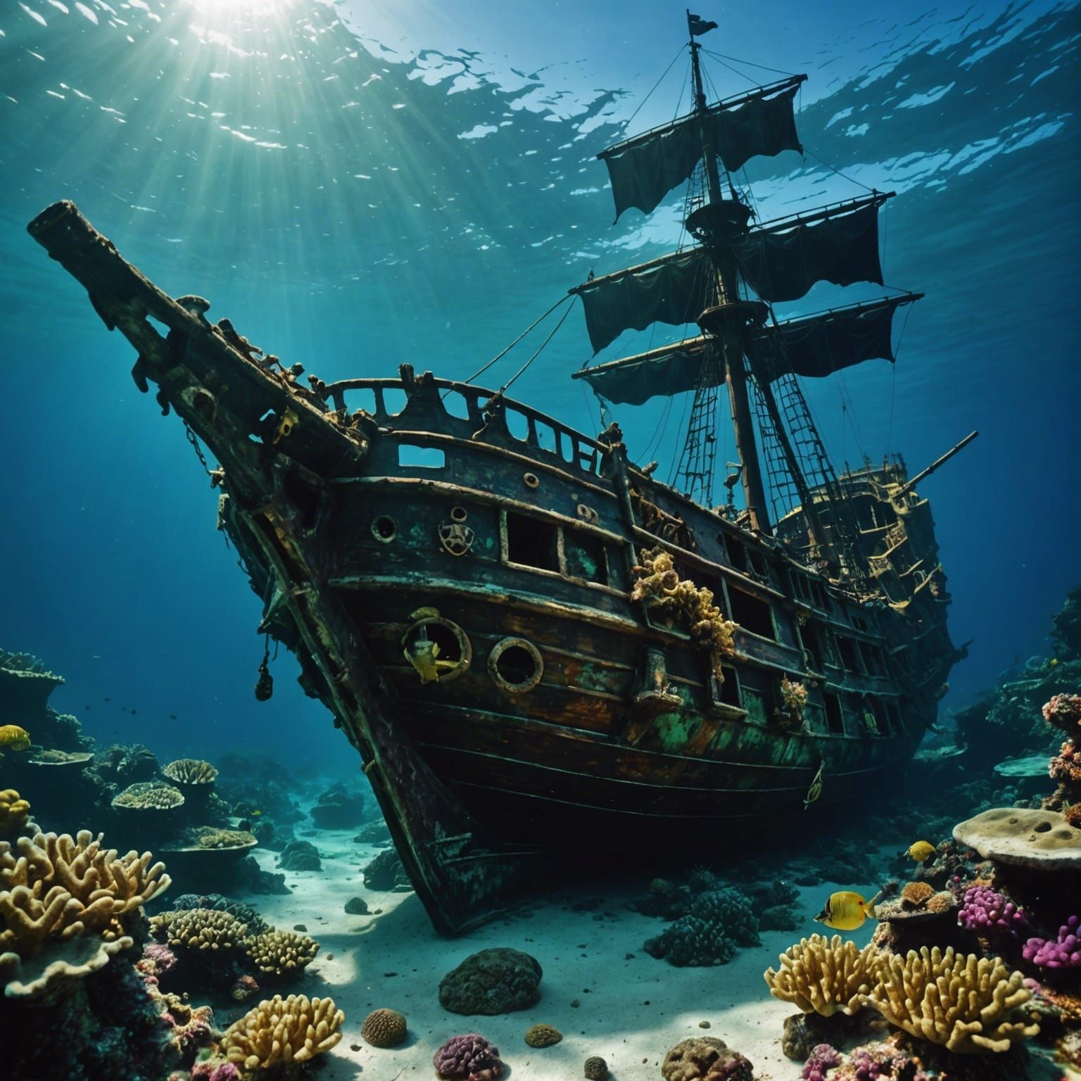 Sunken Pirate Ship and Treasure on Caribbean Reef