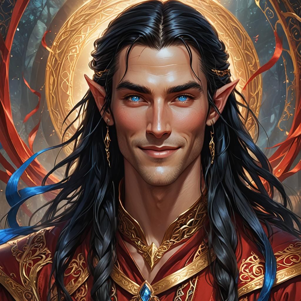 A young tall elven male with very long  black hair,  which h...