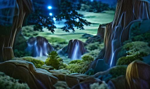 Moonlit Enchanted Forest Valley in Anime Style