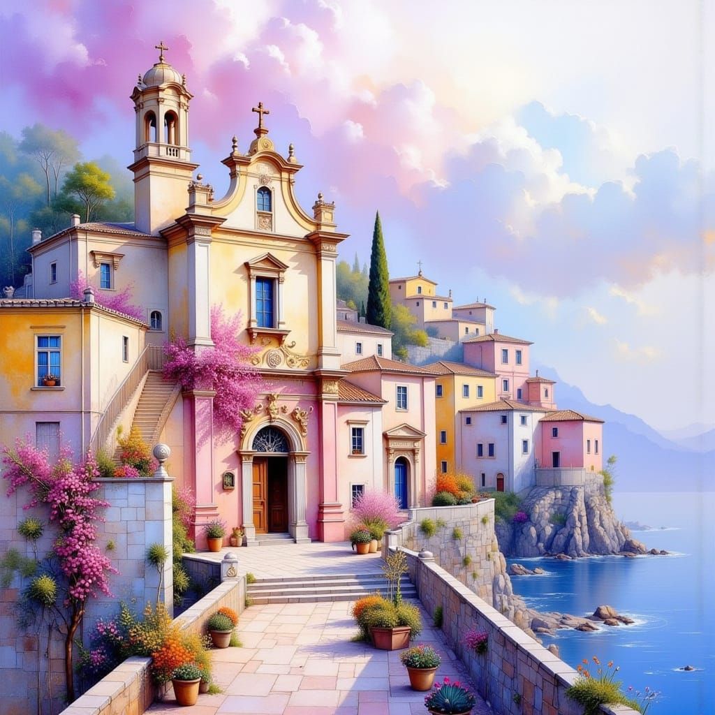 Sicilian Cathedral on Cliff in Watercolor Dreamscape