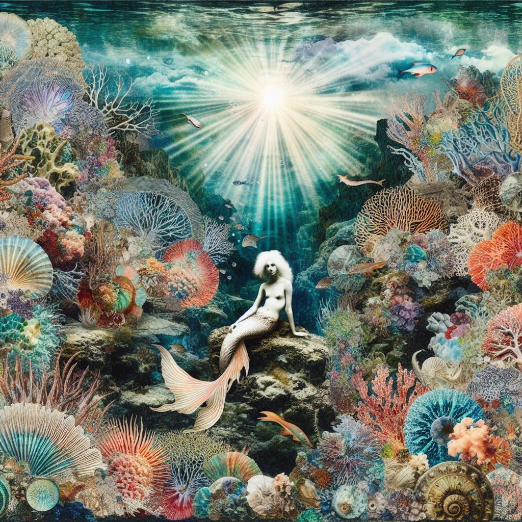 Luminous Mermaid in Coral Reef: Gothic Collage Art