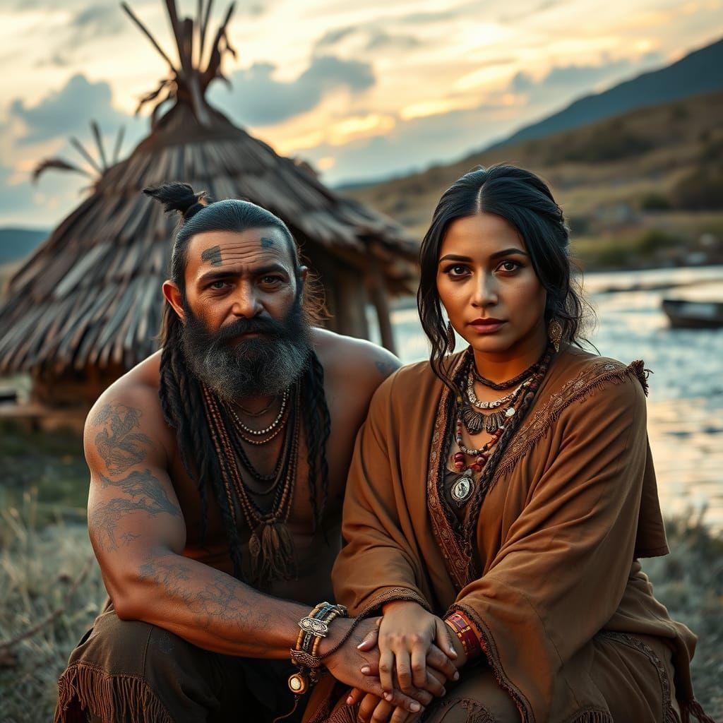 Native American Couple by Fire in Hyperrealistic Style