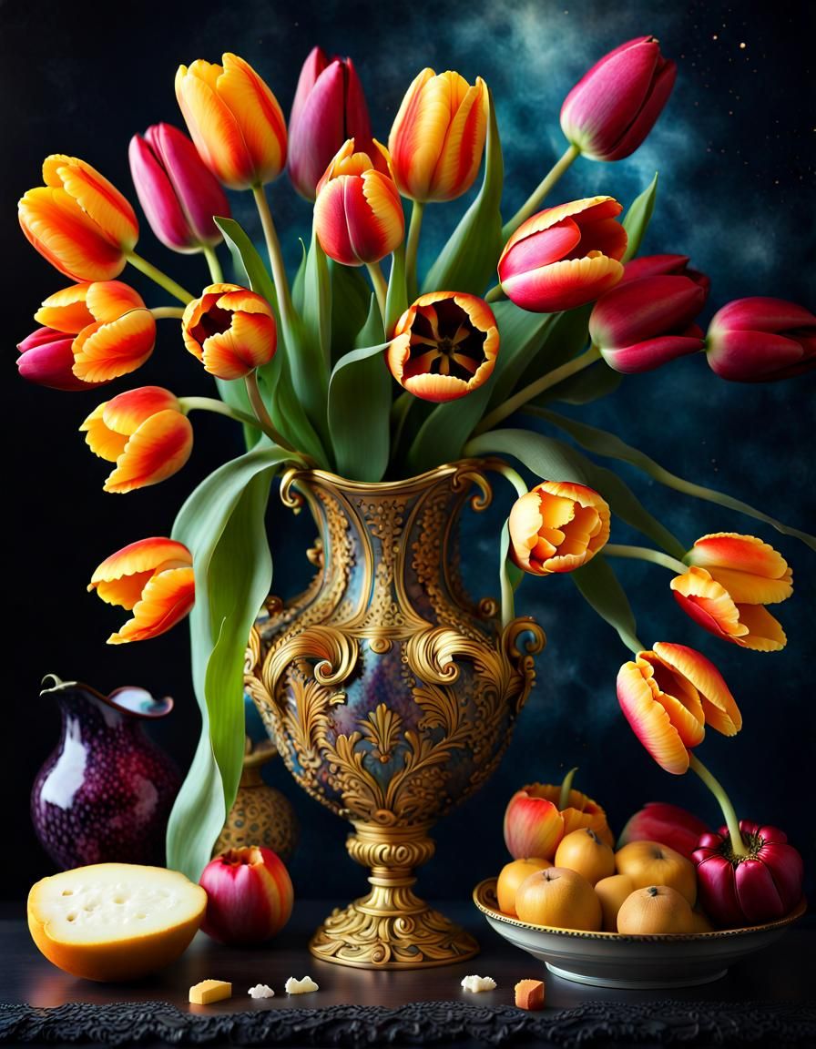 Baroque Flower Vase Still Life with Fruits