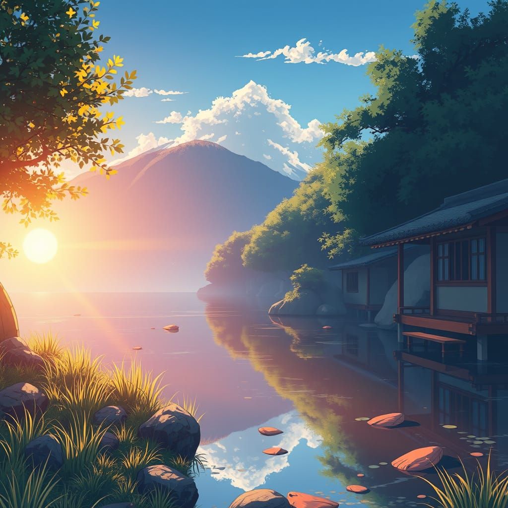 Tranquil Anime Scene in Vibrant Cel-Shaded Style