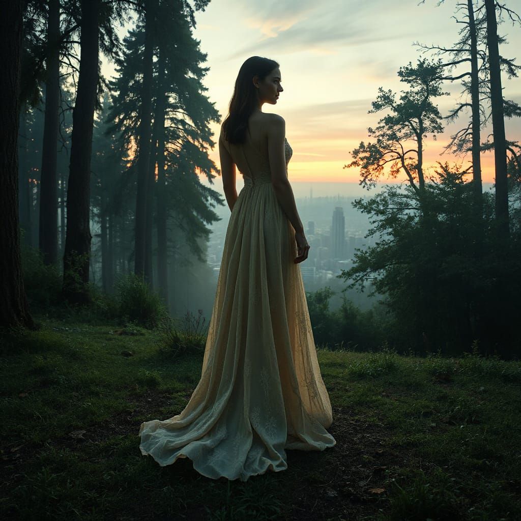 Ethereal Cityscape Emerges from Misty Forest in Double Expos...