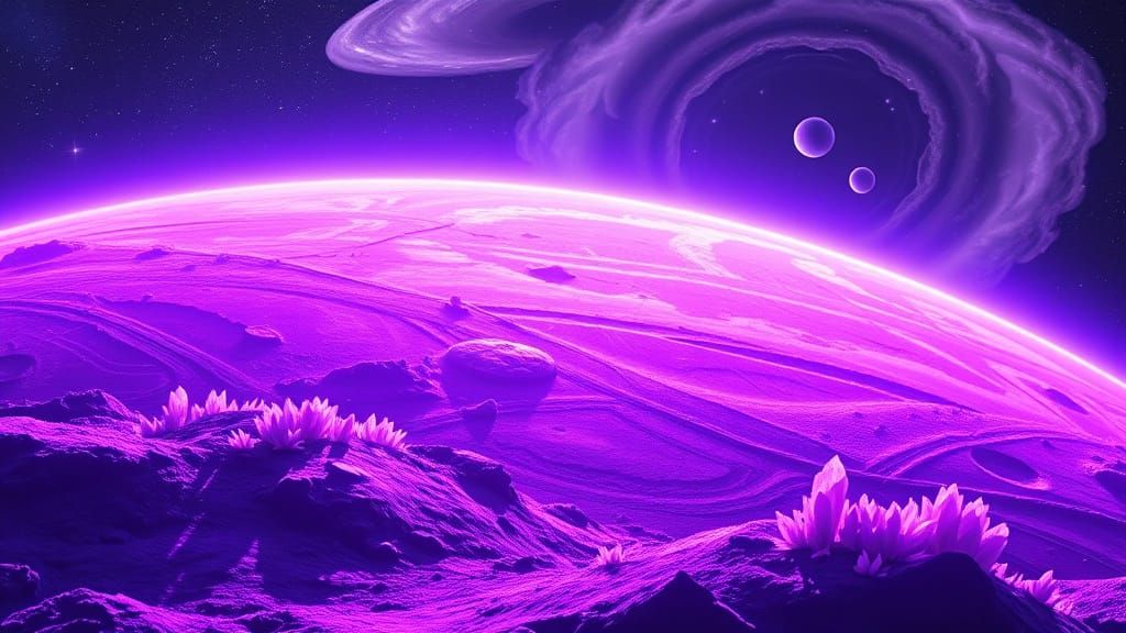 Majestic Purple Planet with Iridescent Craters and Glowing M...