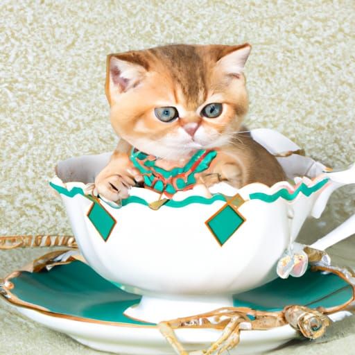 Kitten in Teacup with Emerald Necklace
