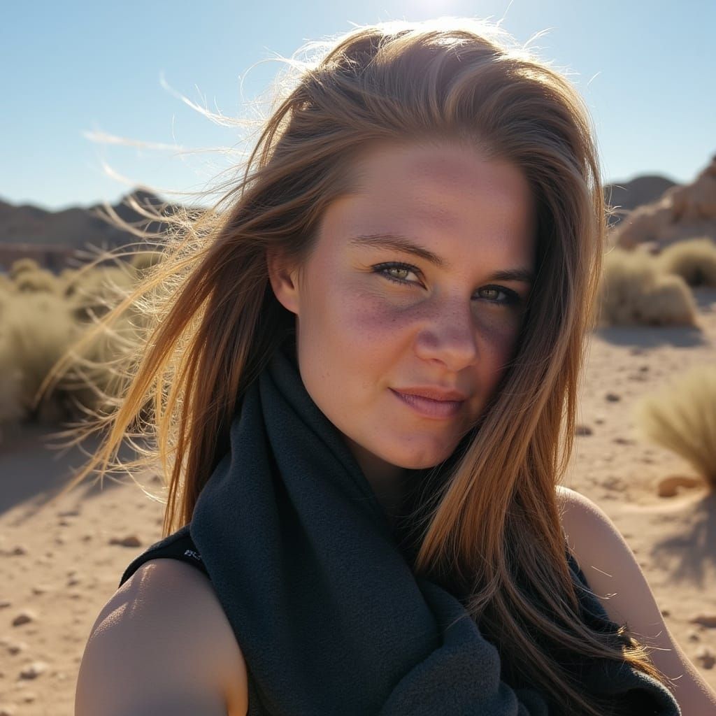 Biker Woman on Harley Davidson in Desert Wasteland