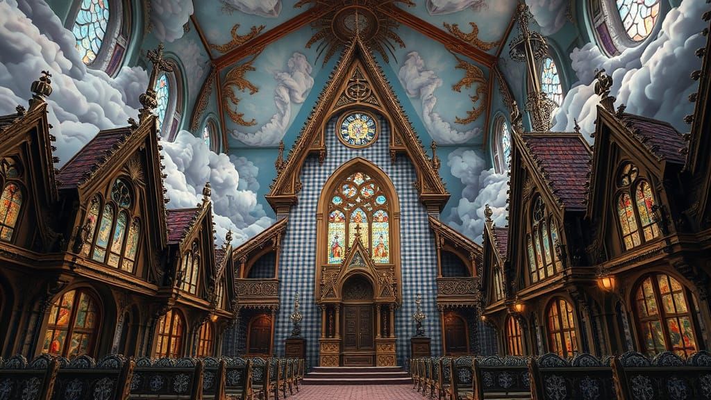Surreal Gingham Church in Dreamlike Clouds