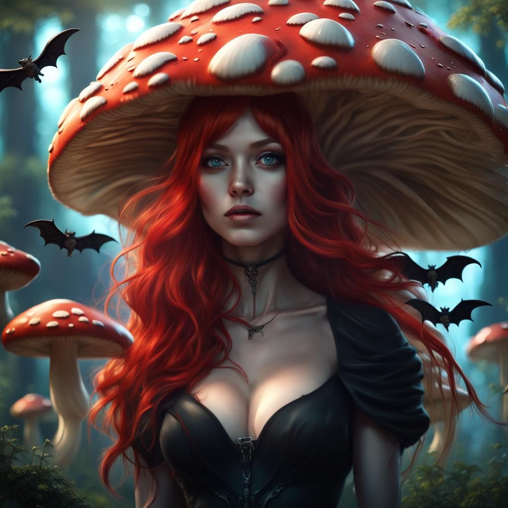 Anime Mushroom Woman in Fantasy Forest, Detailed Art