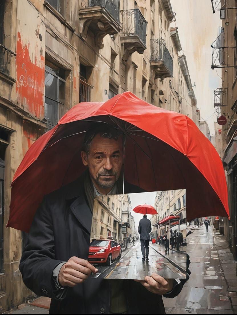 Urban Sketch of Man Under Red Umbrella