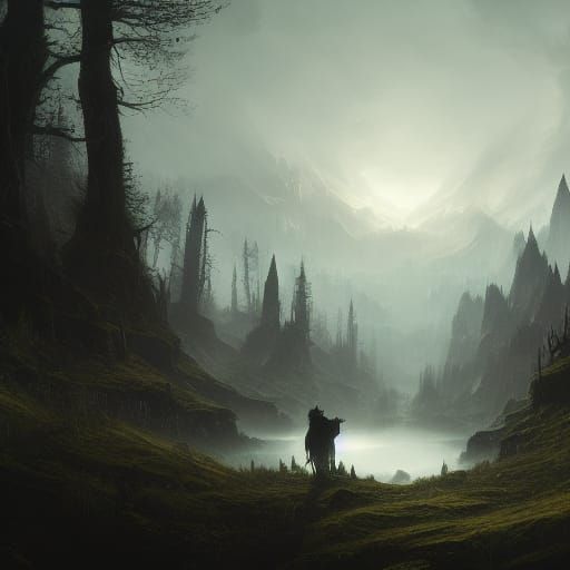 Dark Fantasy Landscape: Forest and Mountains