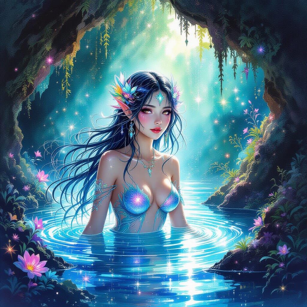 Celestial Water Nymph Emerges in Watercolor and Ink Style