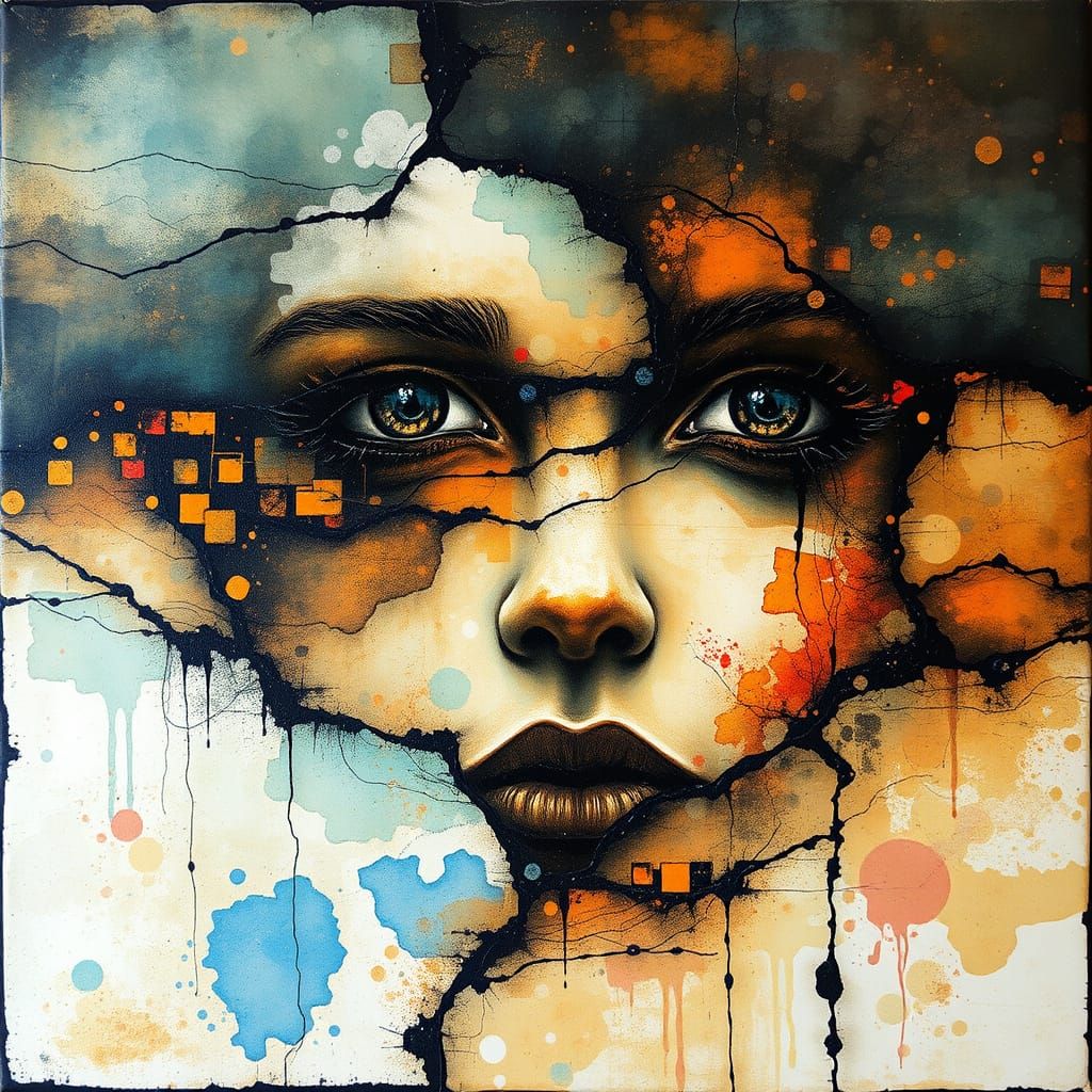 Abstract Aerial Landscape Face in Encaustic Mixed Media