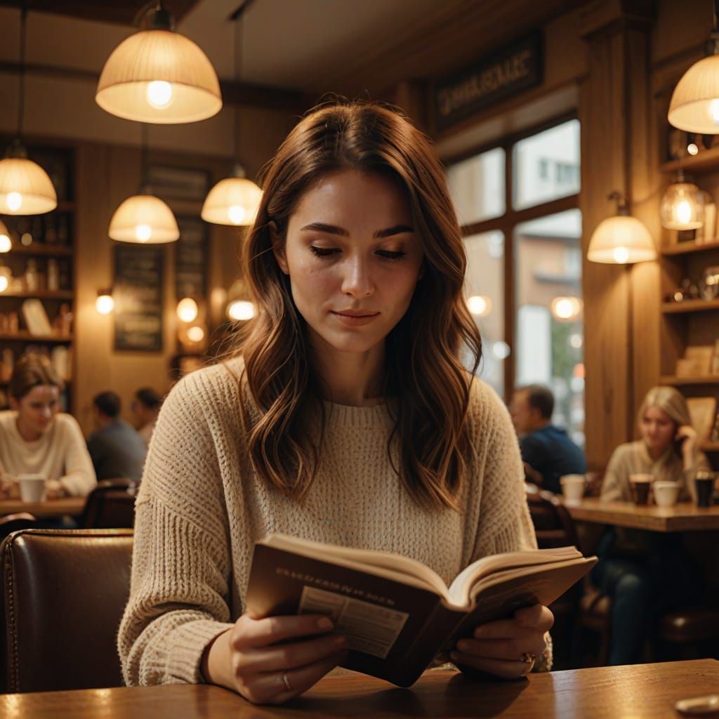 Cozy Cafe Scene: Woman Reading in Warm Light