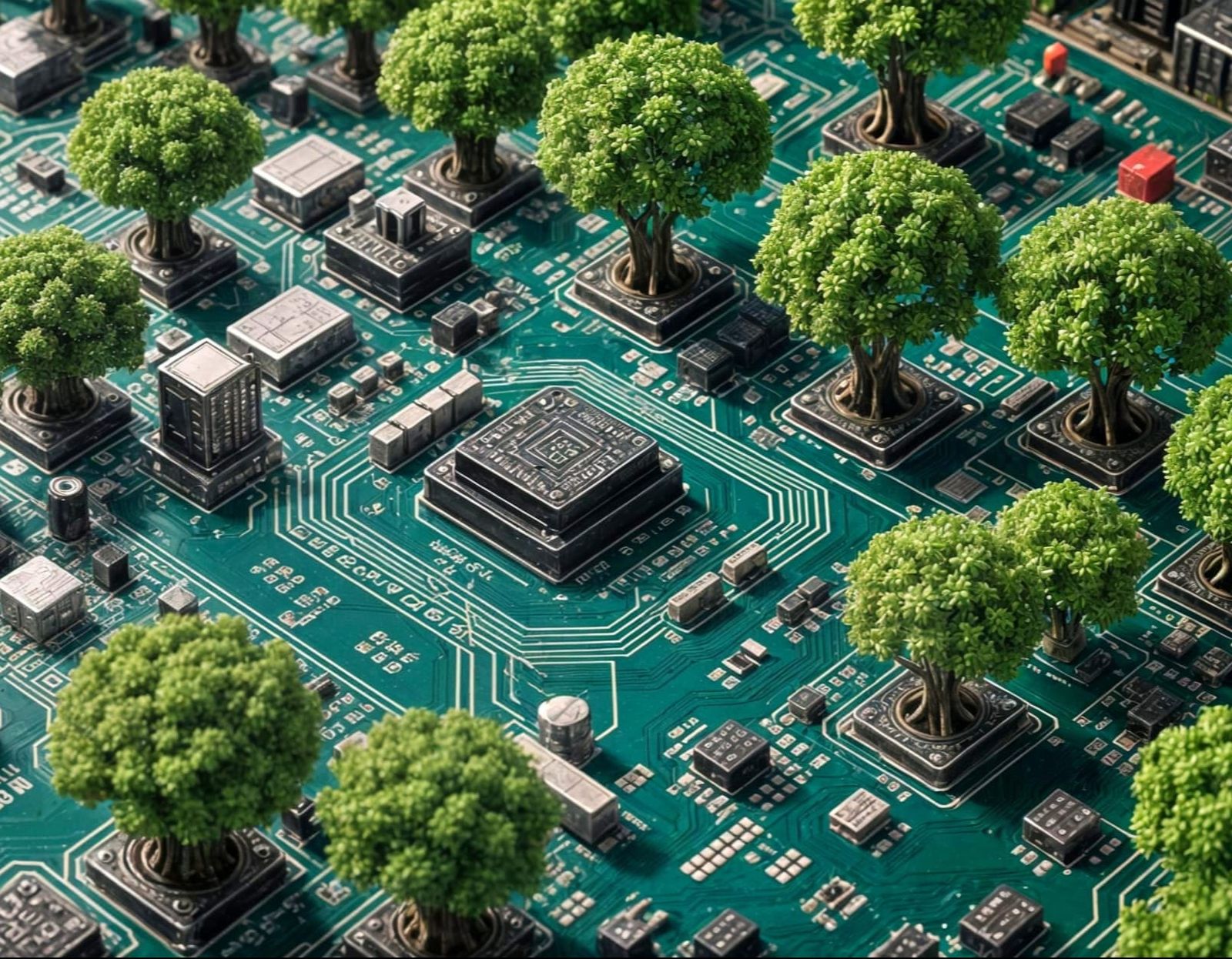 Oak Trees Sprout in Circuit Board Landscape