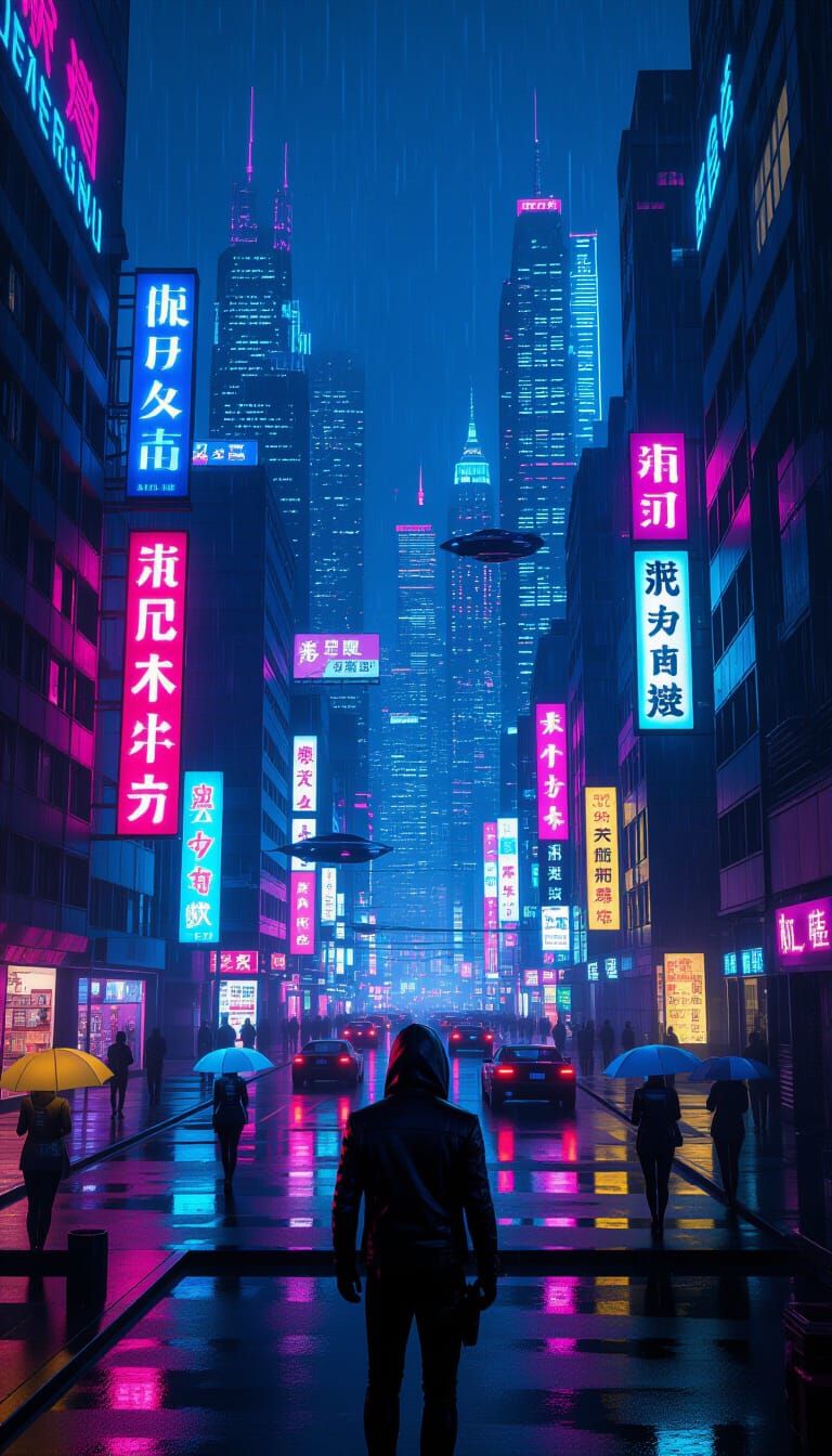 Cyberpunk Cityscape at Night: Neon Lights and Rain