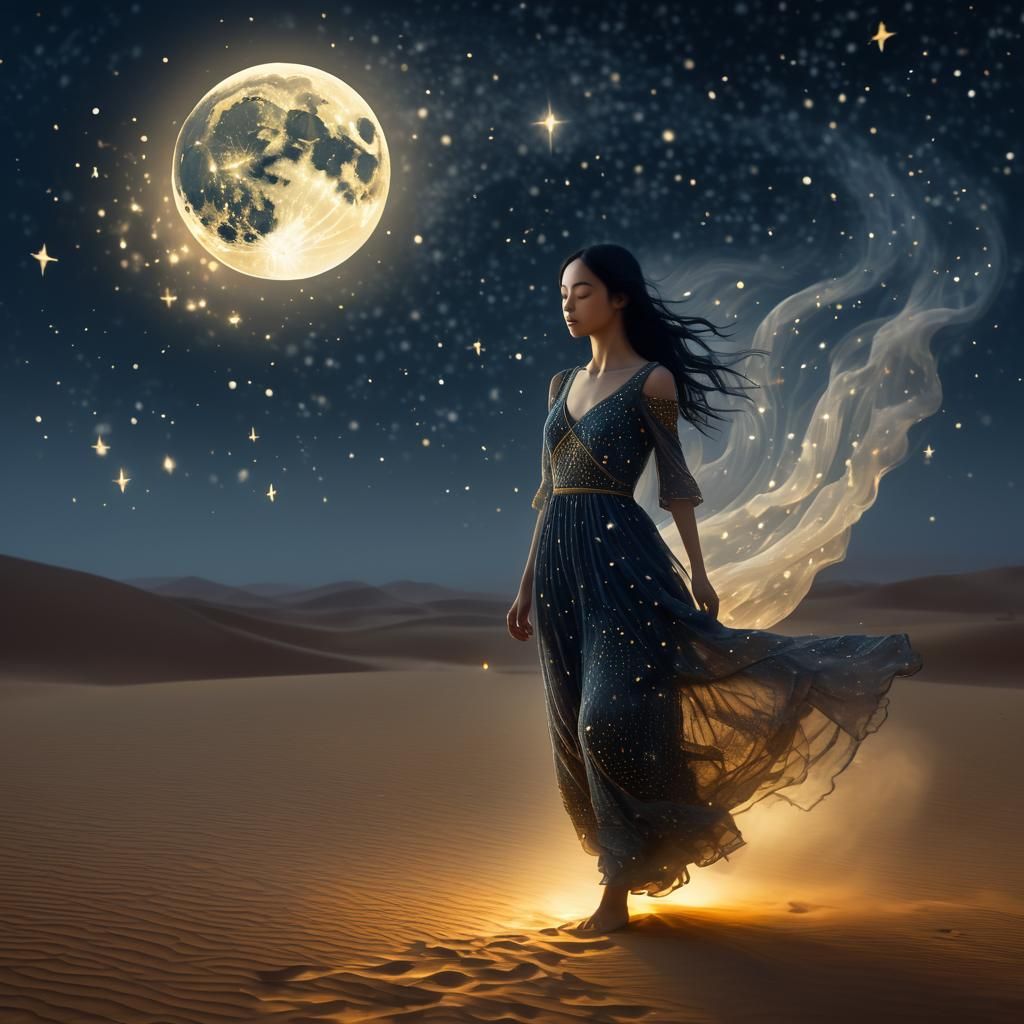 Ethereal Woman in Desert Night, Biomechanical Art