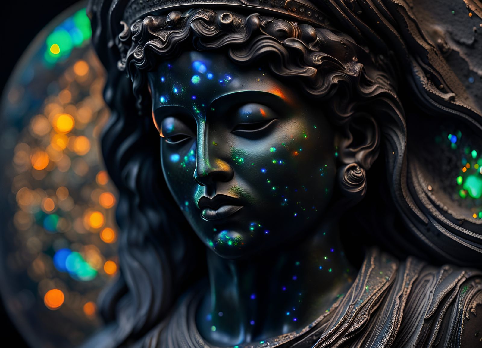 Opal Textured Greek Atlas Statue on Starry Background