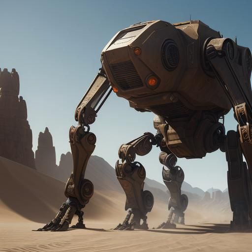 Massive Dune Strider Robot in Desert Landscape
