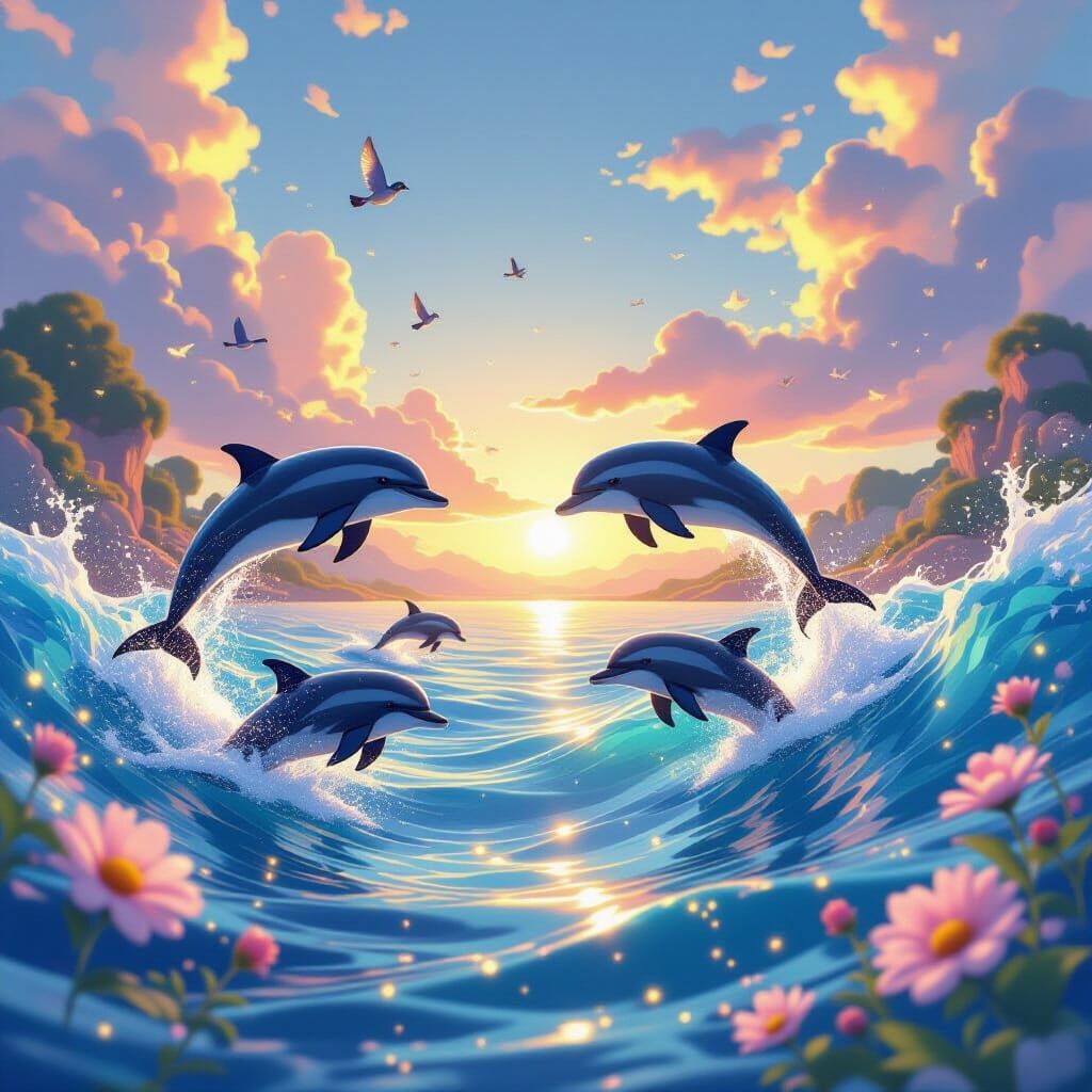 Dreamlike Dolphins Leap in Serene, Flowing Universe