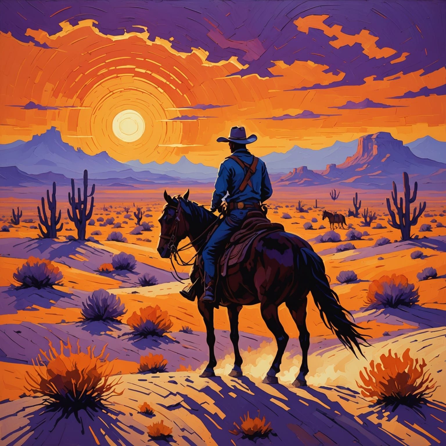 Cowboy in Desert Sunset, Impasto Style