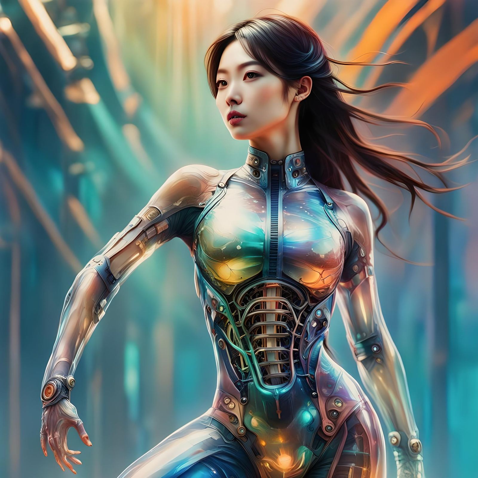 Korean Woman in Biomechanical Suit, Hyperrealistic Art