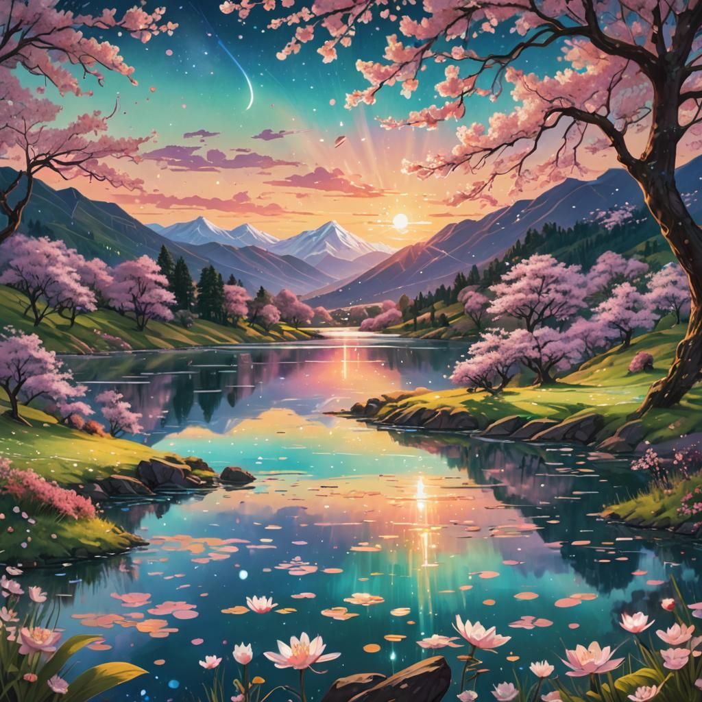 Astral Cosmic Lake at Sunset in Holographic Illustration