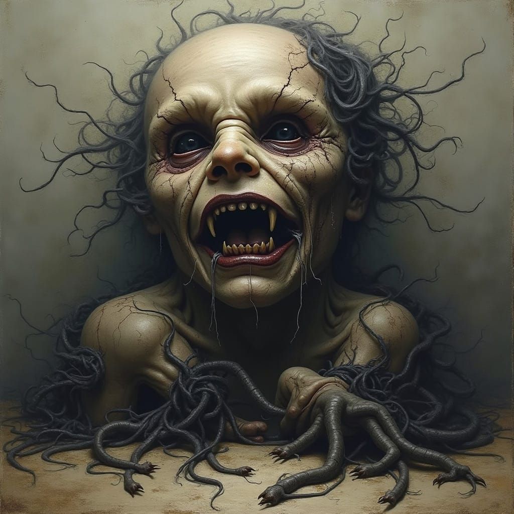 Grotesque, Nightmarish Face in Dark, Ominous Style