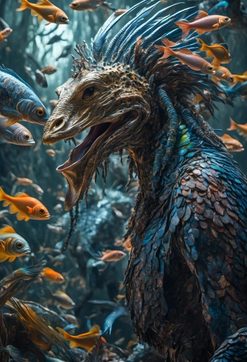 Iridescent Alien Surrounded by Dreamlike Creatures