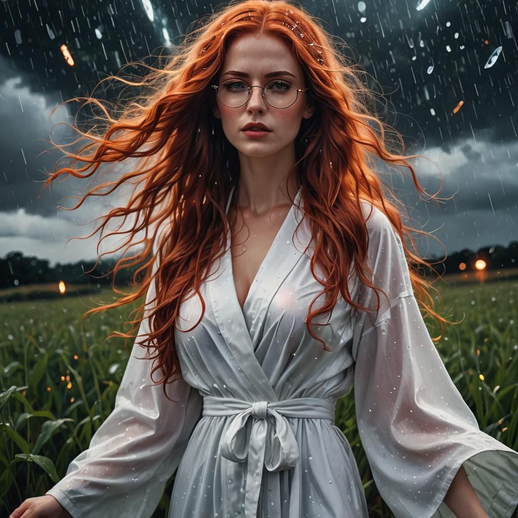 Stunning Portrait of a Redhead in Rainy Field