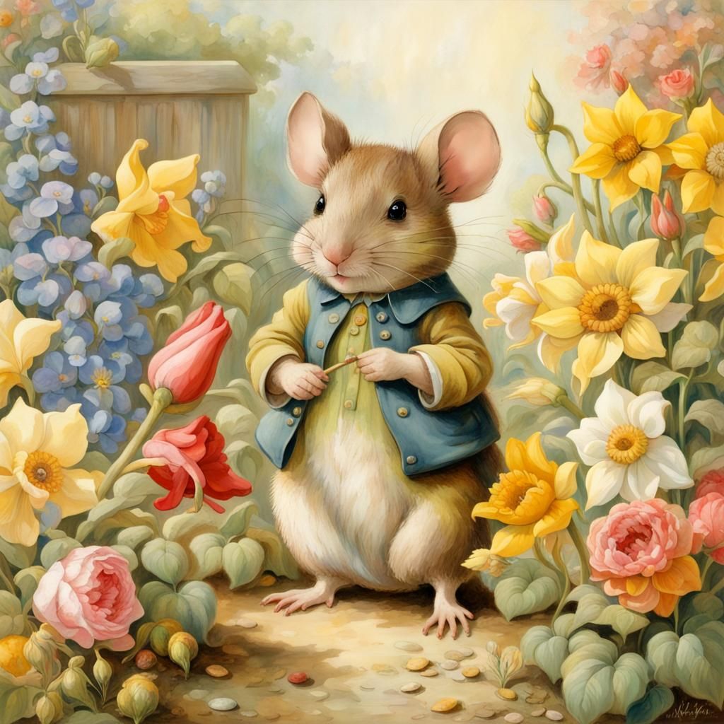 Charming Mouse Gardener in Spring Flower Garden