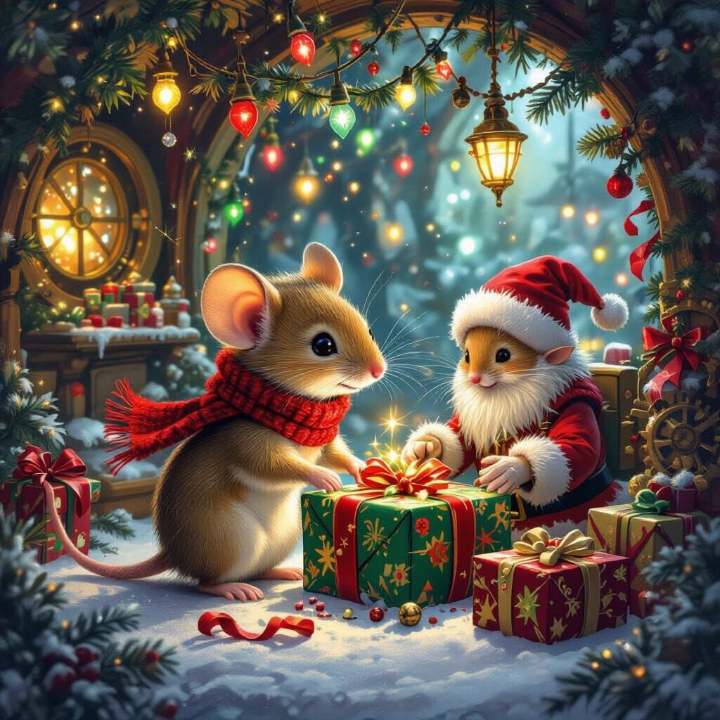 Festive Mouse Helps Elves in Santa's Workshop